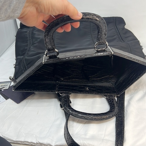 PRADA BLACK NYLON JACQUARD CROCODILE TRIM LARGE SHOPPING SHOULDER BAG - Picture 12 of 16